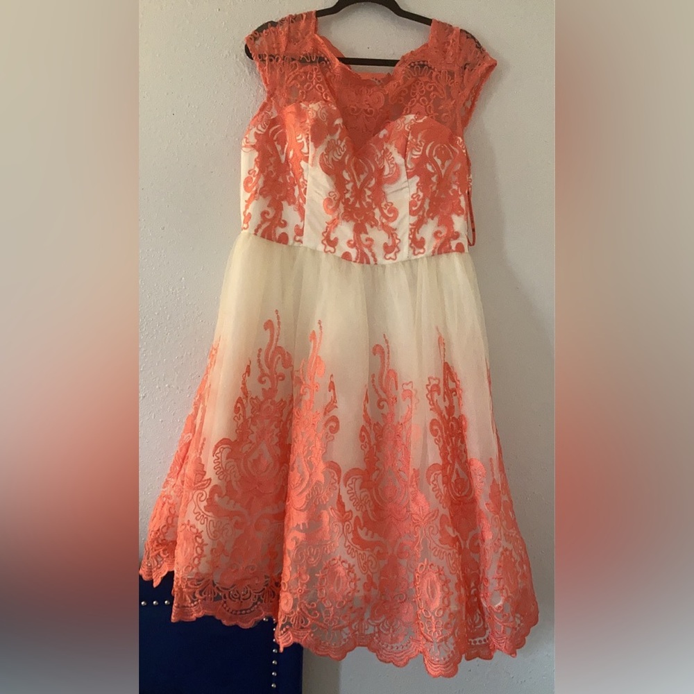 Chi Chi London Coral and White Lace Embroidered Dress
